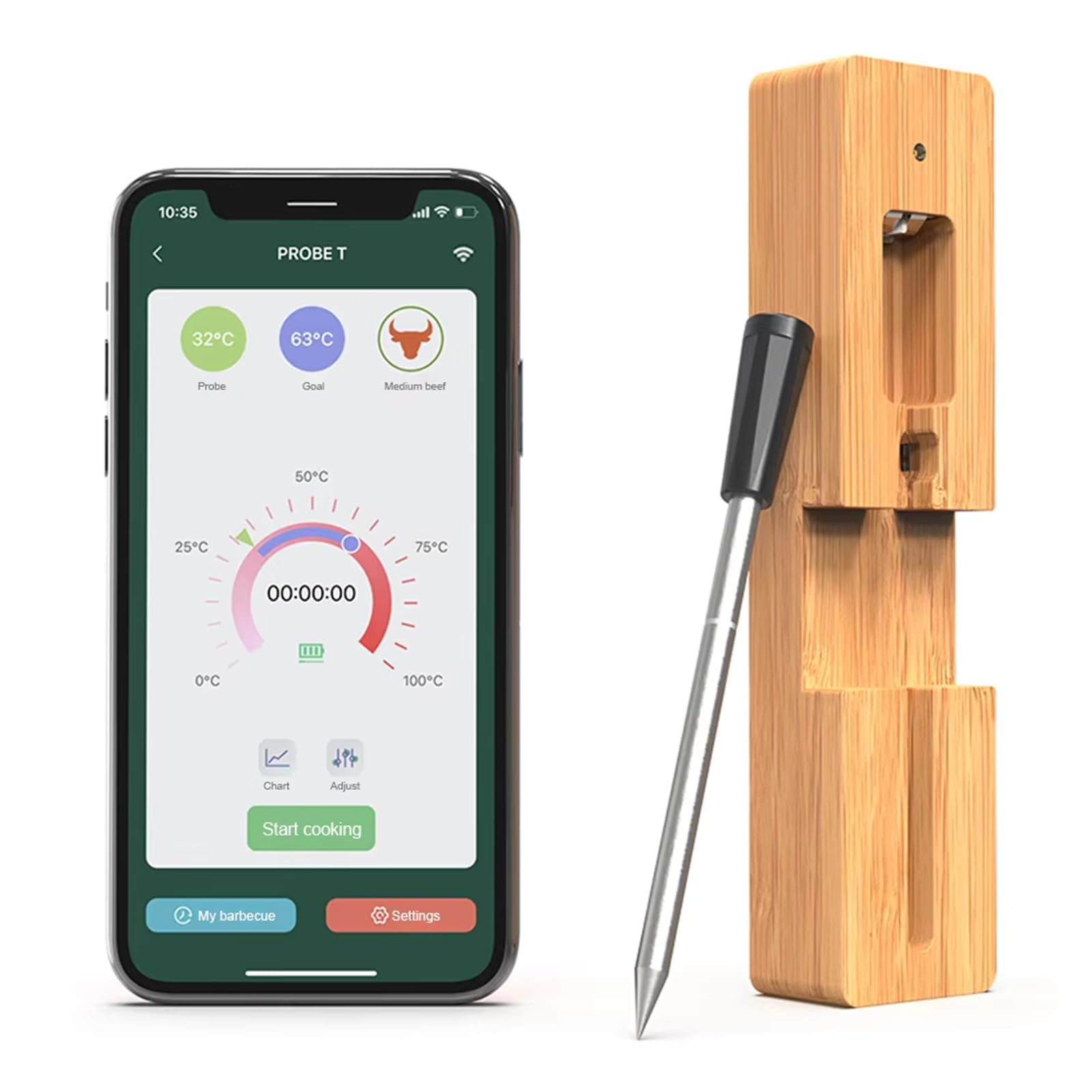 Termómetro de carne inalámbrico inteligente, termómetro de carne Bluetooth de alcance de 100 pies con aplicación gratuita e IPX7 resistente al agua, sonda dura 16 horas, termómetro de alimentos