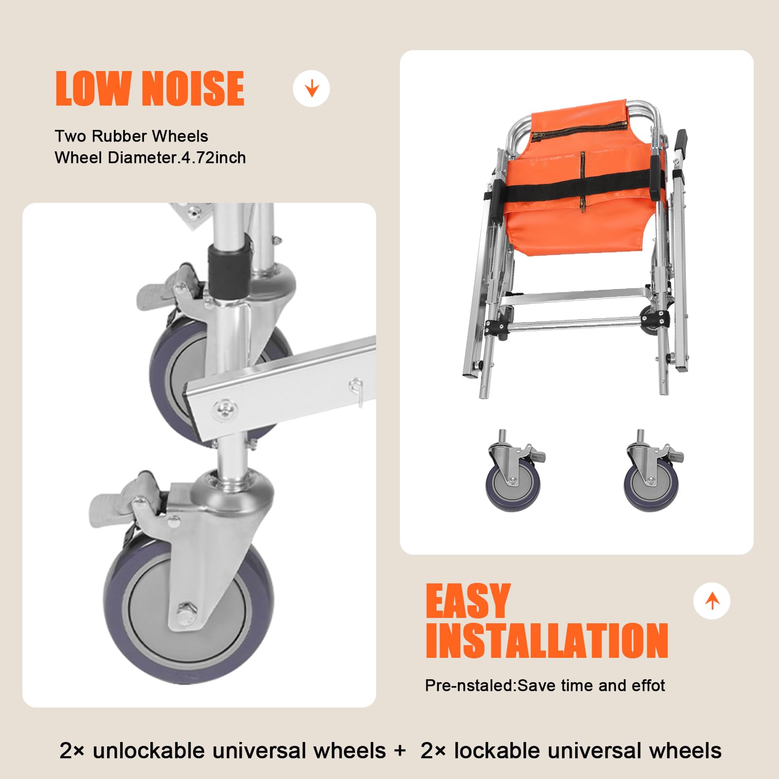 Chaise d'évacuation, chaise d'escalier en alliage d'aluminium, légère, pliable avec fermeture rapide, chaise d'évacuation pour ambulance pompier (orange)