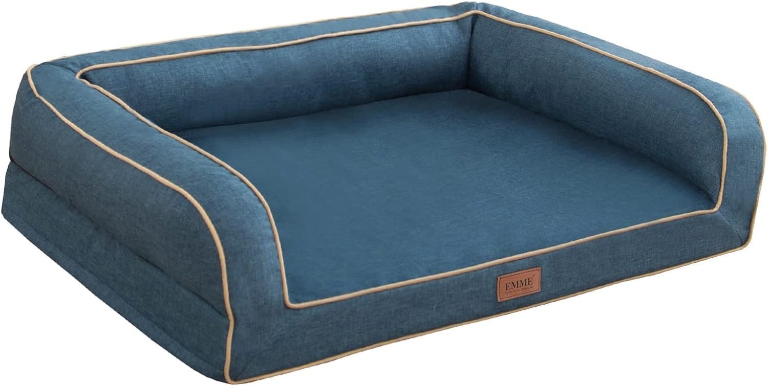 EMME Cuccia per cani di grandi dimensioni, impermeabile, 91,5 x 71 x 23 cm, in schiuma ortopedica lavabile, a forma di uovo, deluxe, rimovibile, resistente, in lino, per tutte le stagioni, blu
