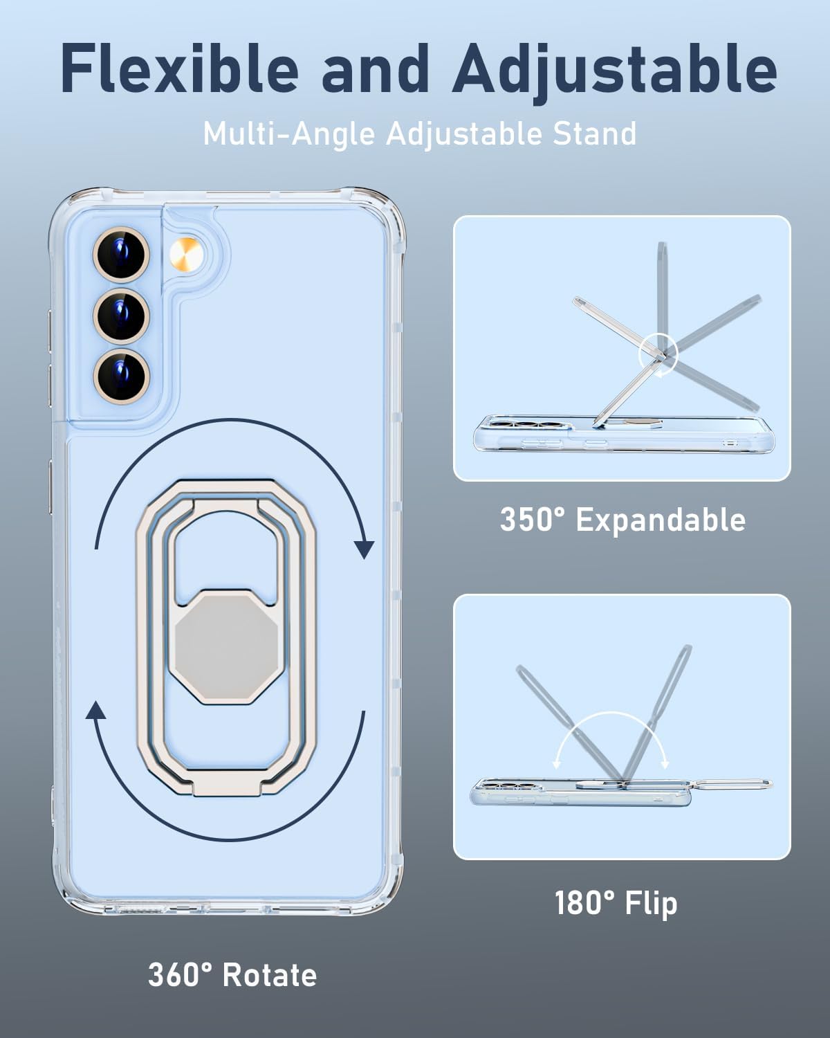 WINTONG for Galaxy S21 Case with Metal Stand, for Samsung S21 Case Clear with Double Ring Holder Finger Kickstand [Foldable & Adjustable] Shockproof Protective Cover - Transparent - Image 3