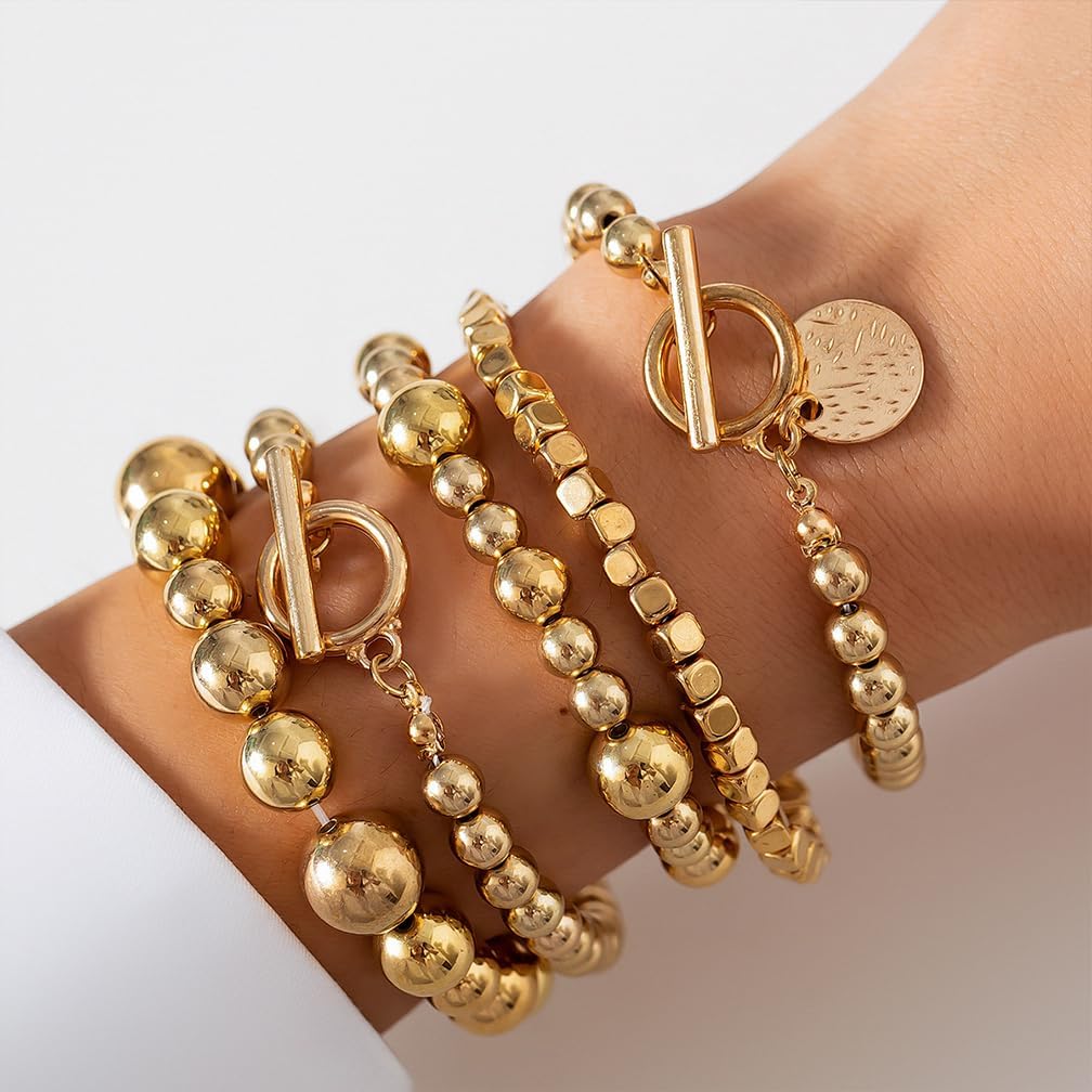 5Pcs Stack Gold Beaded Stretch Bracelets Set for Women Vintage Stackable OT Buckle Bangles Coin Disc Statement Bracelet Trendy Elastic Jewelry Gifts - Image 4