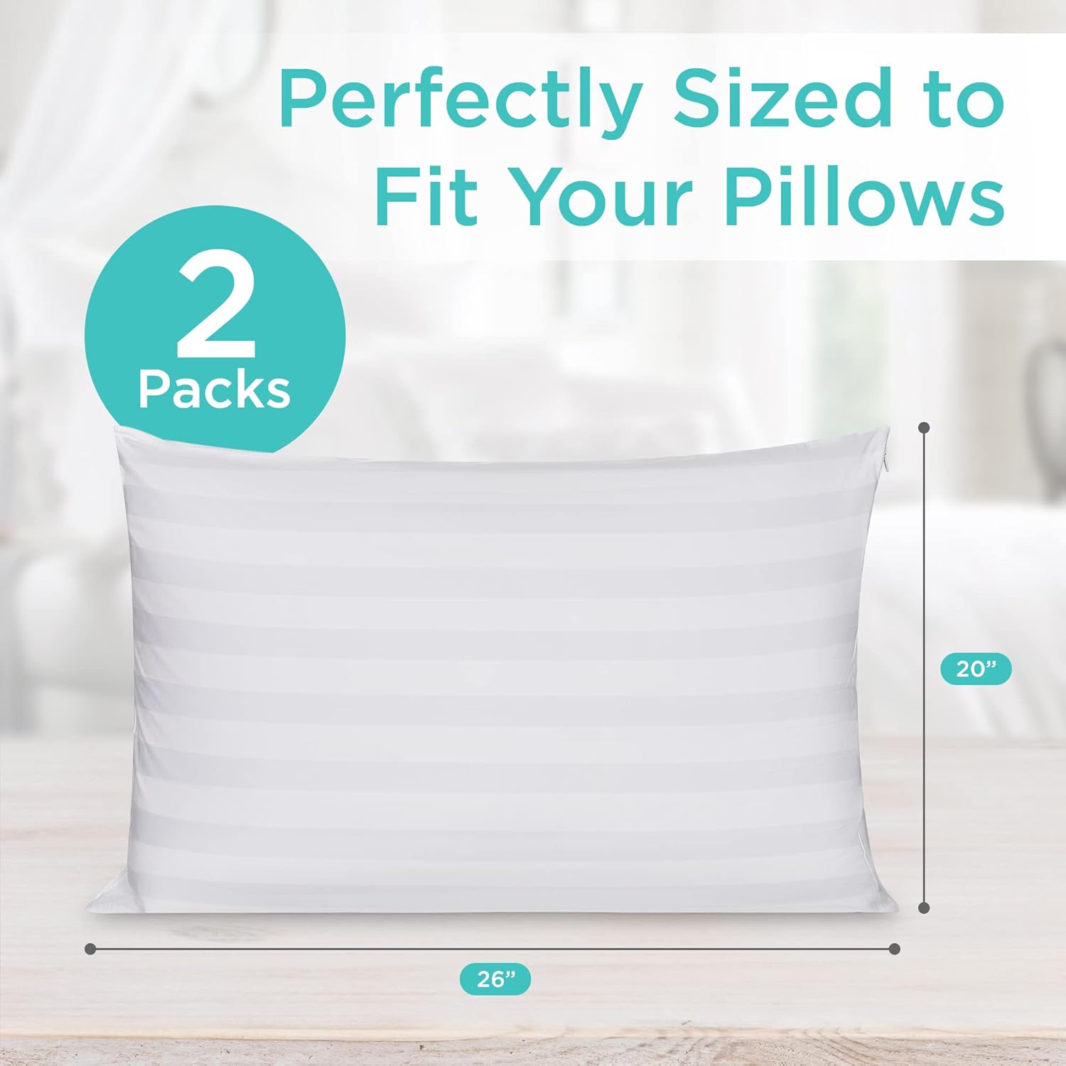 Damask Zippered Pillow Protector - Set of 2 Pillow Cover Standard Size 20"x26", Cotton Pillow Protector - 300 Thread Count Hypoallergenic Pillow Case, Breathable Pillow Encasement