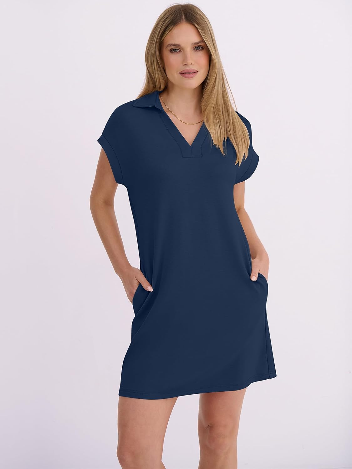 ANRABESS Women's 2026 Summer Collared V Neck Tshirt Dress Casual Cap Sleeve Spring Mini Vacation Dresses with Pockets - Image 3