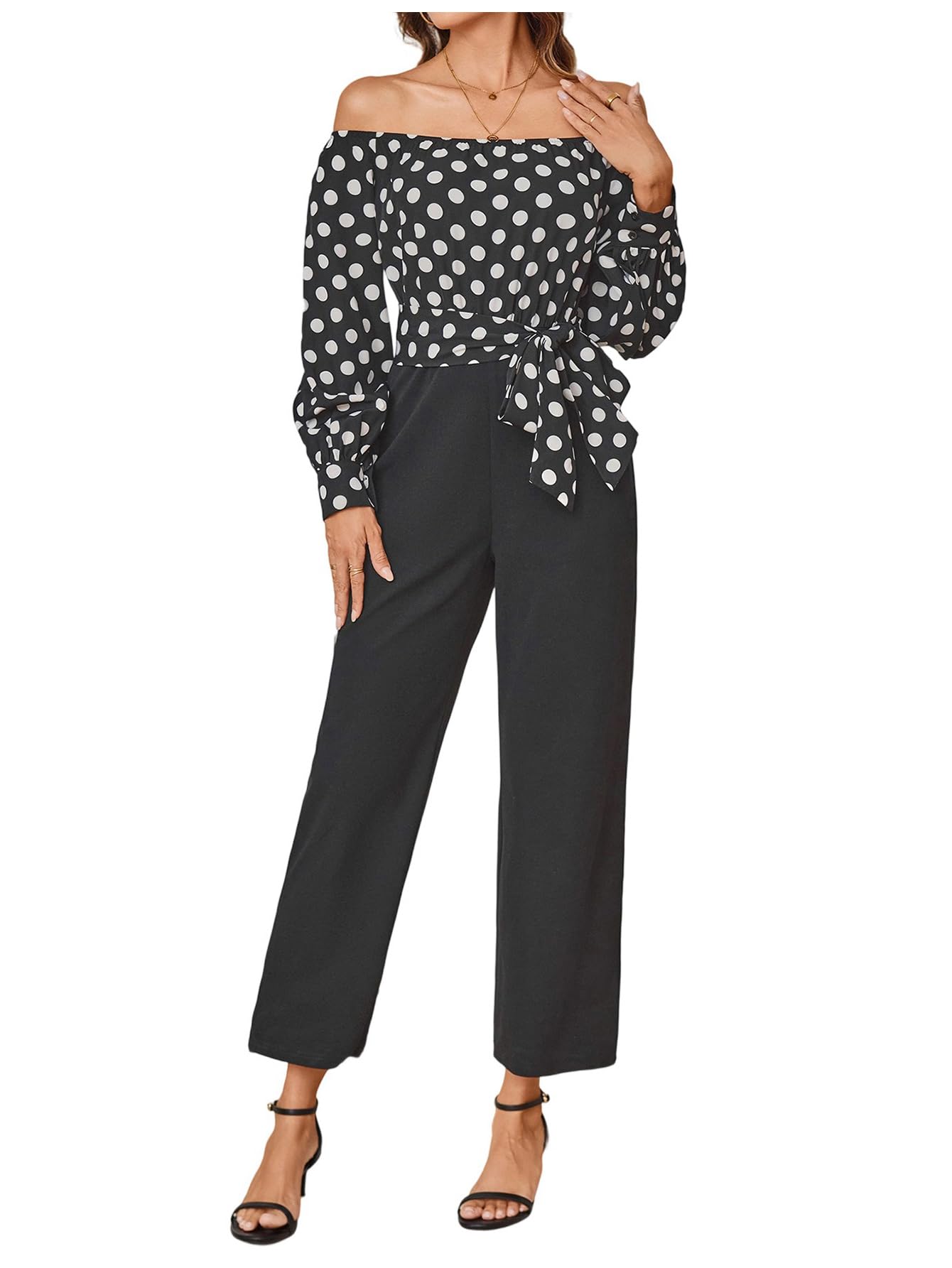 Women's Polka Dots Off Shoulder Bishop Long Sleeve Belted Jumpsuit-image-15