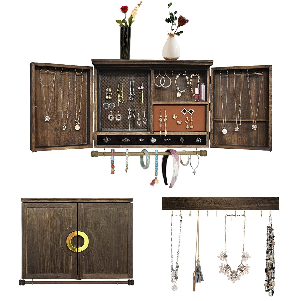 JOYSFIT Rustic Wall Mounted Jewelry Organizer with Wooden Barndoor Decor,Wooden Wall Mount Holder,Jewelry holder for Necklaces, Earings, Bracelets, Ring Holder (Circle Brown)