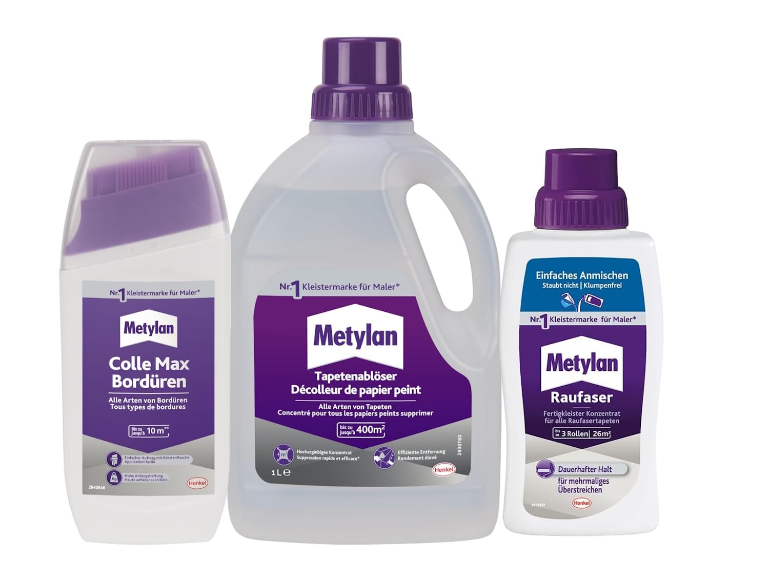 Metylan Raufaser Fertigkleister Konzentrat (1x500g) & Metylan Bordüren Klebstoff (1x250g) & Metylan Tapetenablöser Aktiv-Konzentrat, löst schnell und problemlos (1x 1l)