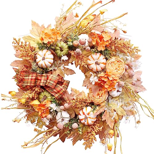 WANNA-CUL 24 Inch Fall Wreath for Front Door with Orange Hydrangea Flowers and Pumpkins-Fall Decoration for Home-Large Fall Decor Door Wreath for Autumn,Harvest, Halloween or Thanksgiving