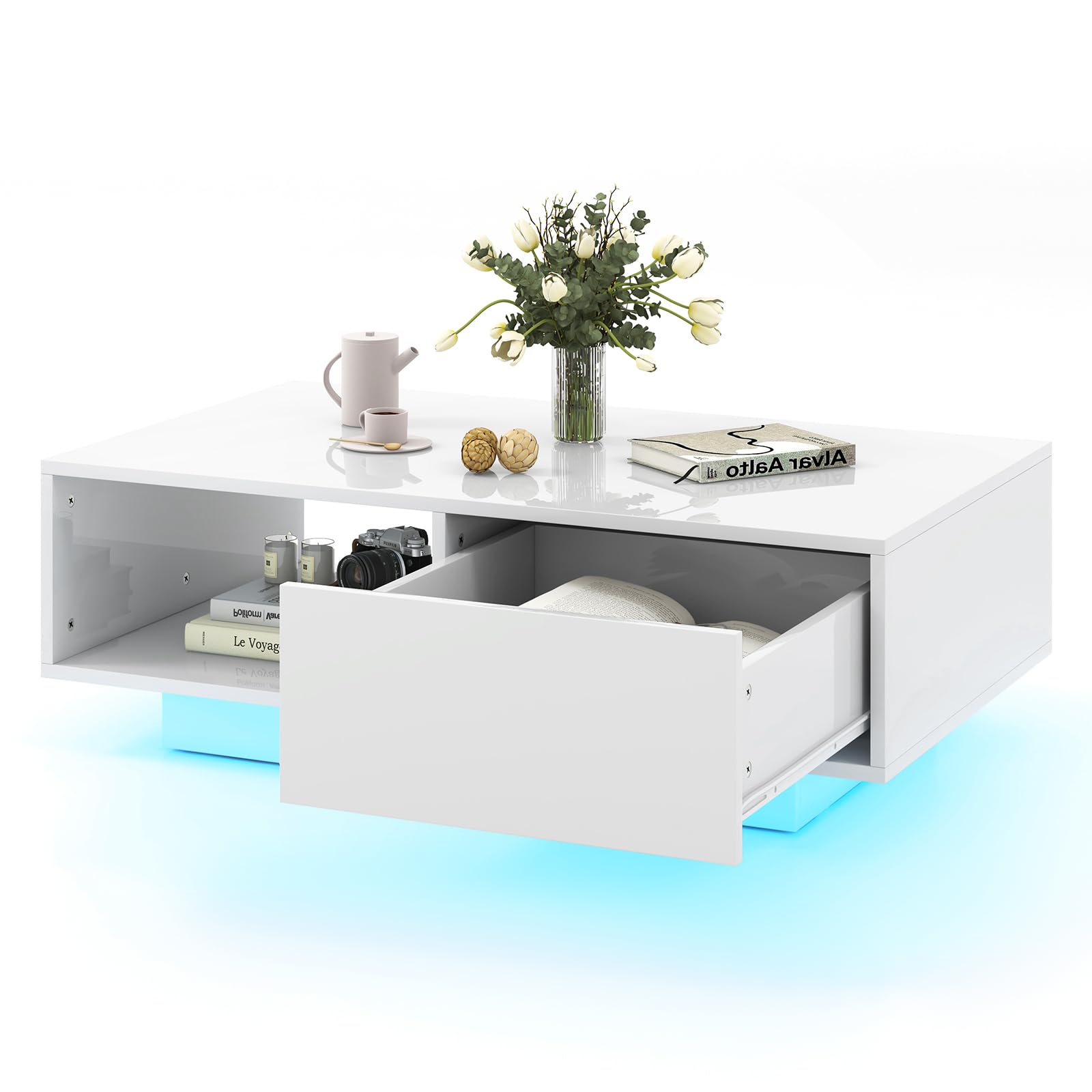 COSTWAY Mesa de Centro con 20 Colores de Luces LED, Mesa Moderna Rectangular con Control Remoto, Mesa Inteligente de Cóctel con Cajón y Estante Abierto, Mesa de Centro para la Sala de Estar (Blanco)