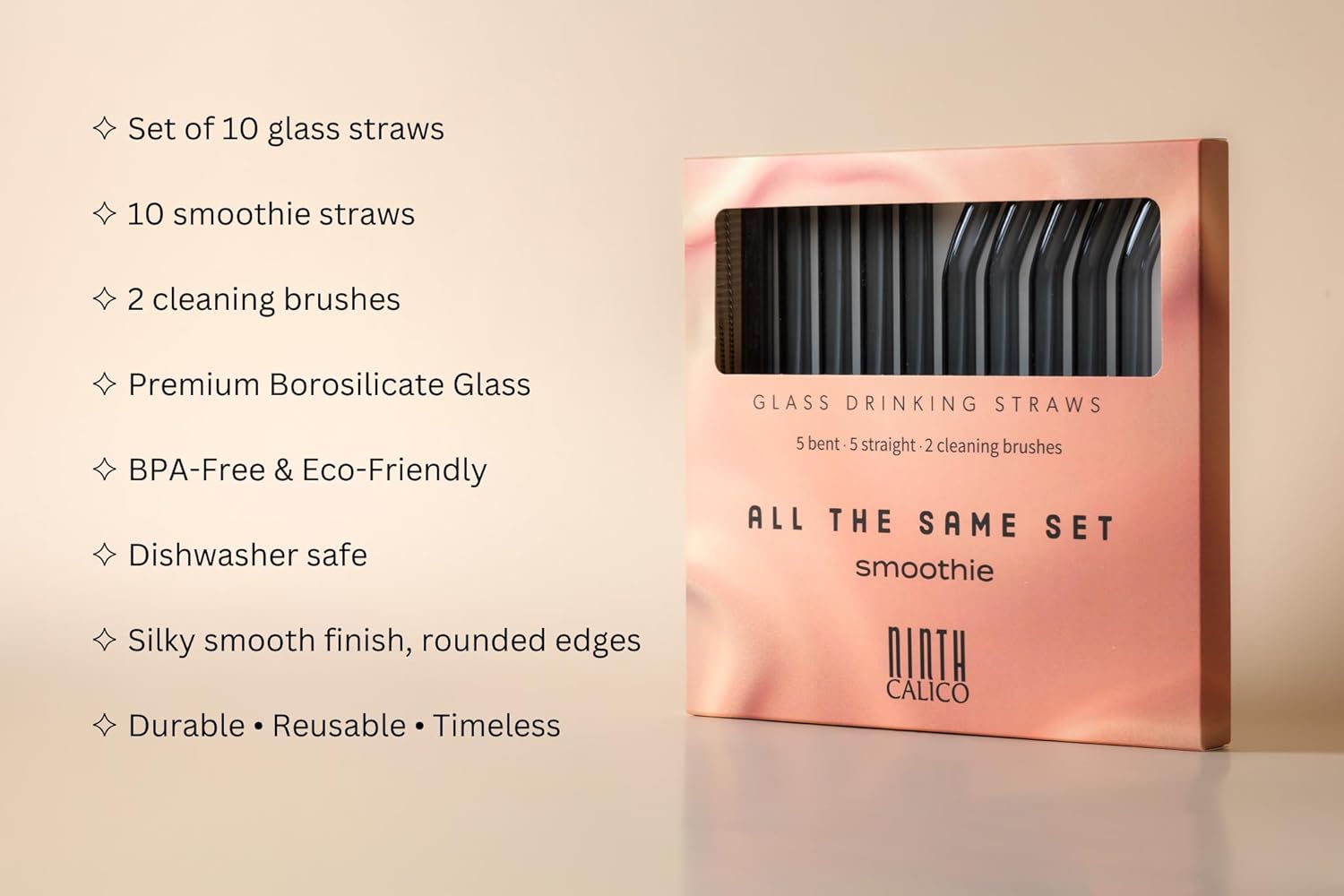 10-Pack Reusable Glass Drinking Straws – Colorful, Durable, Shatter-Resistant – Includes 5 Straight, 5 Bent Straws & 2 Cleaning Brushes – For Smoothies, Iced Coffee (Grey, Smoothie)