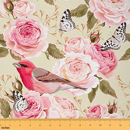Watercolor Flowers Fabric by The Yard,Nature Botanical Leaves Decorative Fabric for Upholstery and Home DIY Projects,Jungle Birds Butterfly Precut Fabric Squres,Pink,1 Yard