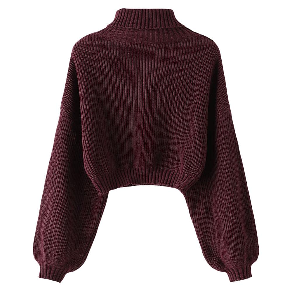 ZAFUL Women's Crew Neck Long Sleeve Pullover Crop Sweater Mock Neck Lantern Sleeve Ribbed Knit Cropped Sweater