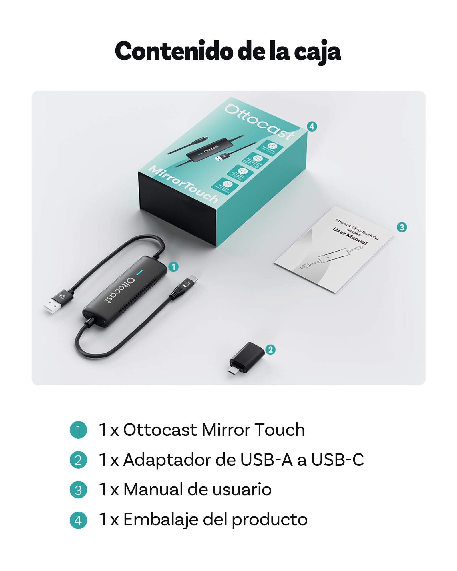 Ottocast Mirror Touch 2025 – Adaptador CarPlay inalámbrico con Espejo bidireccional y Control táctil – para Coches con CarPlay por Cable – Ver Netflix, TikTok, Youtube – Plug & Play