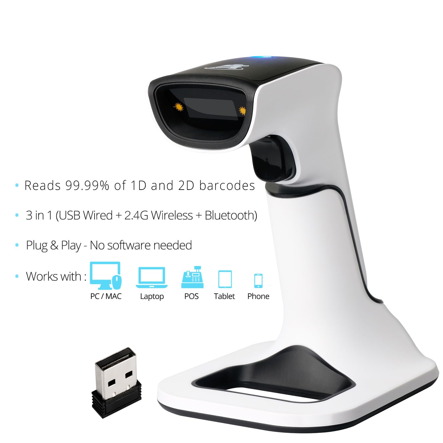 ScanAvenger Portable sans Fil 1D et 2D, Scanner de Code à Barres Bluetooth Vibration, Pistolet de numérisation Rechargeable pour Gestion des Stocks, Lecteur de QR (avec Stand de Nouvelle Génération)