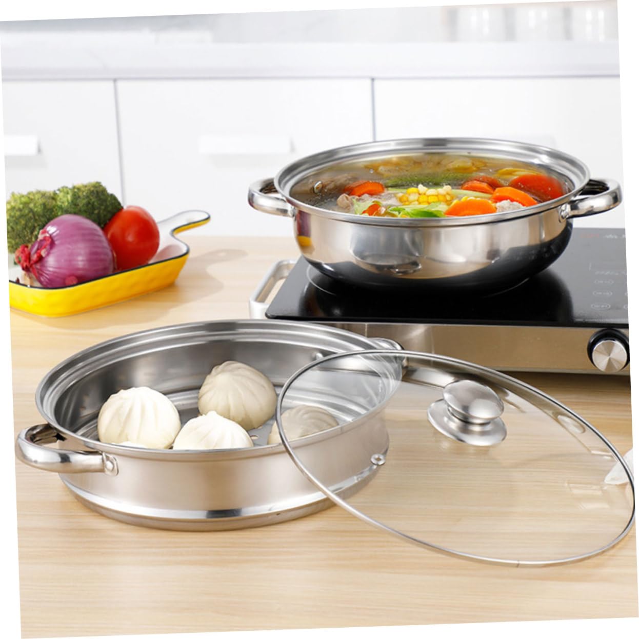 Alipis Olla Vaporera Utensilio de Cocina Multiuso Diseño Multicapa de 28 Cm de Acero Inoxidable y Tapa de Vidrio Adecuado para Cocinar al Vapor Verduras y Panecillos