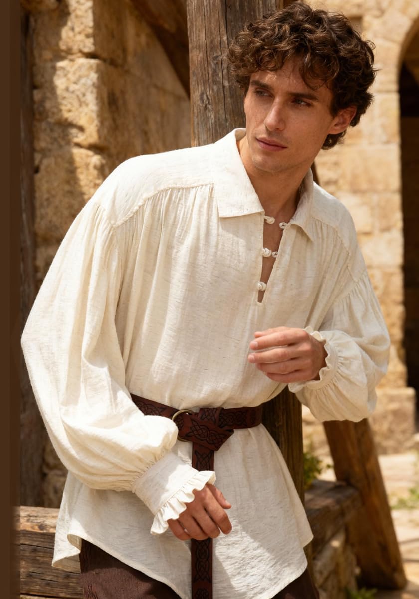 Renaissance Shirt with Knot Button Ruffled V-Neck Long Sleeves for Medieval Pirate Vampire Victorian Costume Unisex