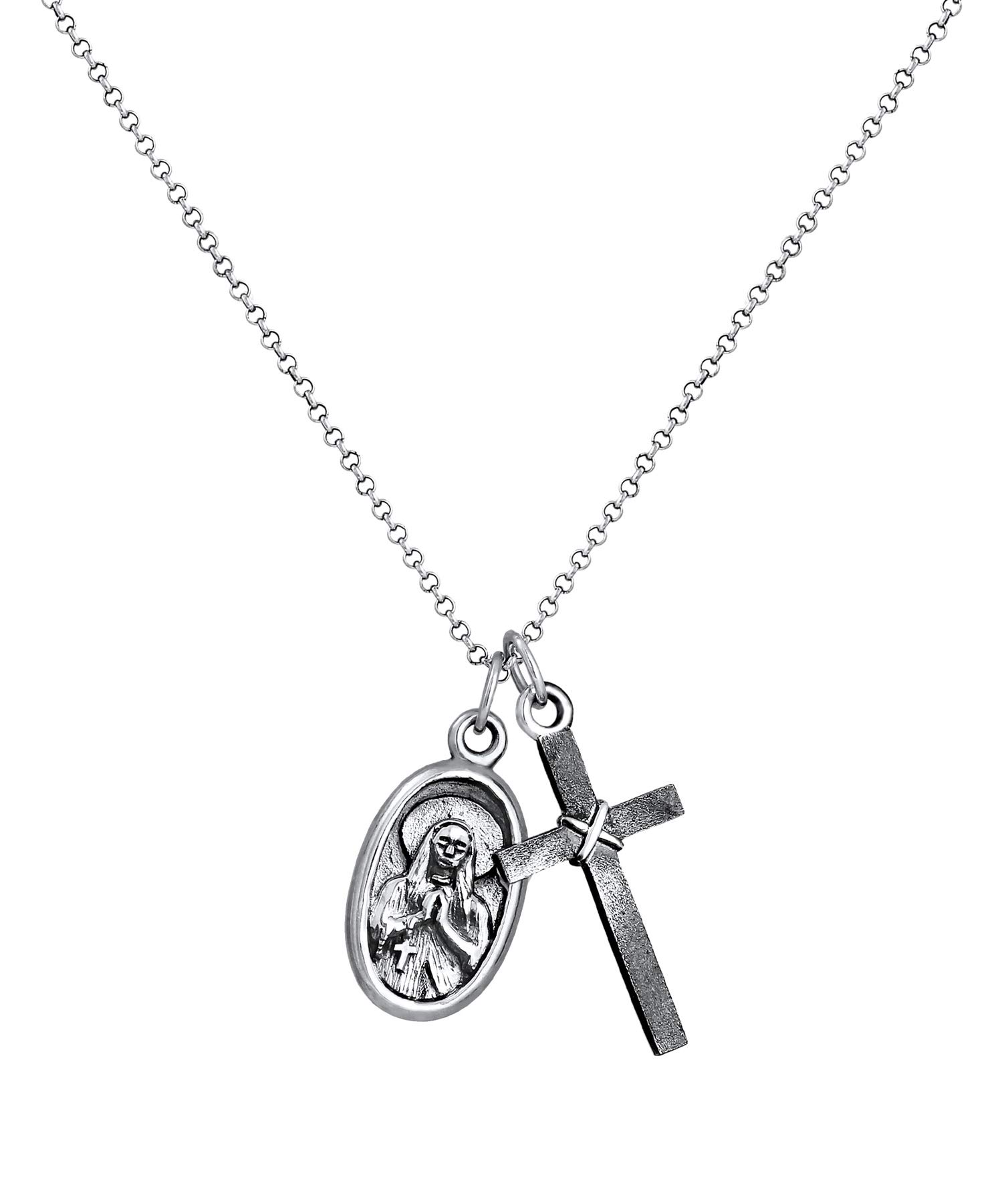 Kuzzoi Herren Silber-Halskette mit Marienbild und Kreuz Anhänger, Symbol Kette für den Mann in 925 Sterling Silber, Herrenkette mit Maria-Anhänger und Anhänger, handgearbeitet