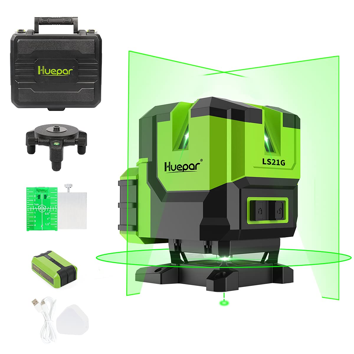 Huepar Multi-Line Laser Level-360° Floor Horizontal and Two Vertical Lines with Plumb Dot, Green Cro