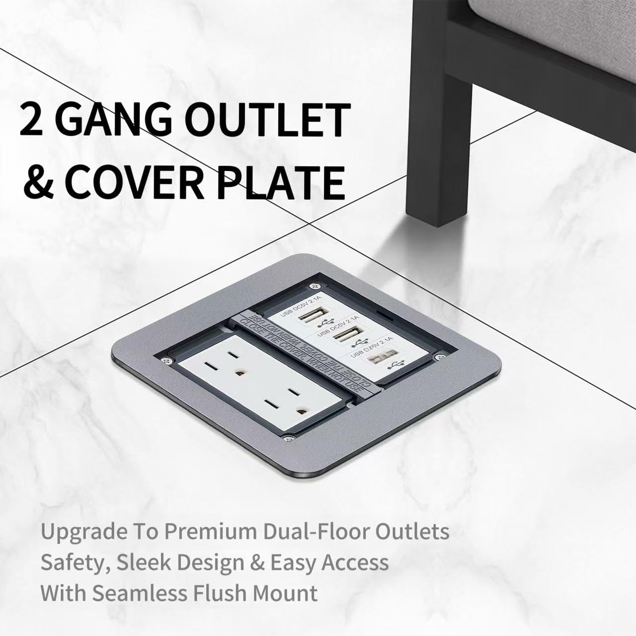Creemrib Floor Outlet Kit, Recessed Floor Outlet with Cover Plate, 2-Gang Electrical Box with 3 USB Ports and 2 Power Outlets, for Concrete Floors, Industrial and Commercial Use