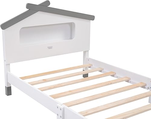 Miniatura 169 de Cama de plataforma de madera de tamaño individual con cabecera en forma de casa, soporte de listones de madera, para dormitorio de niños, niñas,