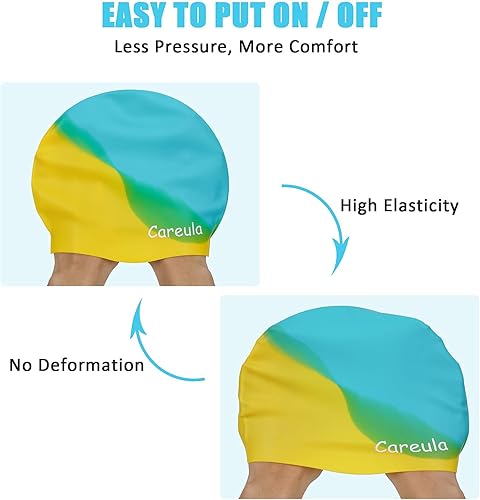 Miniatura 5 de Gorro de natación, paquete de 2 gorras de natación de silicona duradera para niños, niñas, jóvenes (2 a 12 años), suaves y ergonómicas 3D
