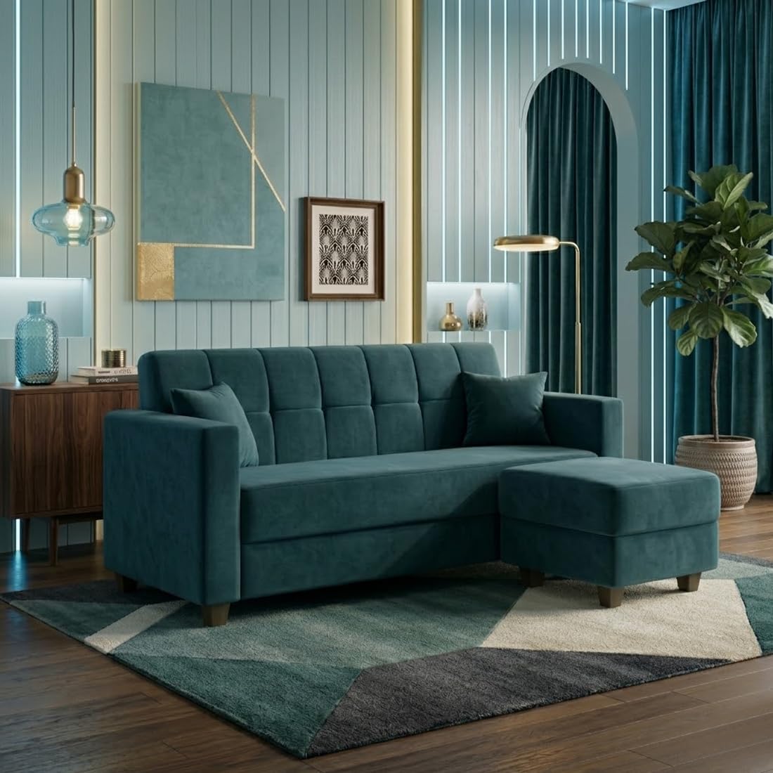 Alvaro Skyria 3 Seater Velvet Fabric Sofa Set with Extra Ottoman, Space Saving 4 Seater Sectional Living Room Furniture for Home & Offices - Ocean Green-image-4