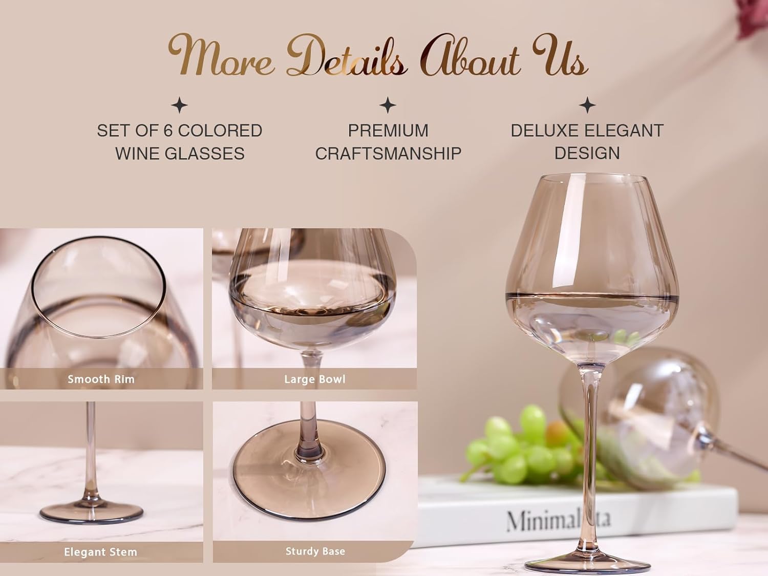 Physkoa Mocha Mousse Color Wine Glasses Set 6-18oz Long Stem Smokey Gray Wine Glasses-Hand Blown Mocha Stemware for Valentine's Day - Image 5
