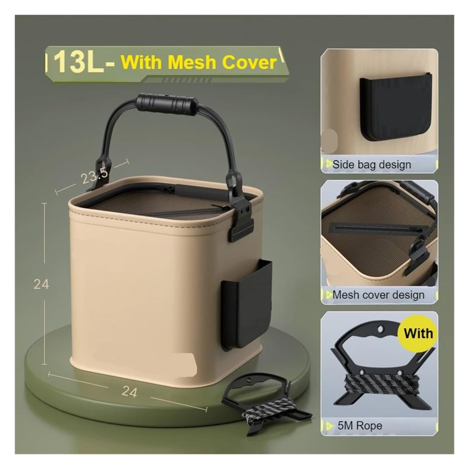Secchio da pesca portatile pieghevole for acqua all'aperto con corda 5 m for escursioni selvagge in viaggio campeggio 8L/13L(13L-With Mesh Cover)