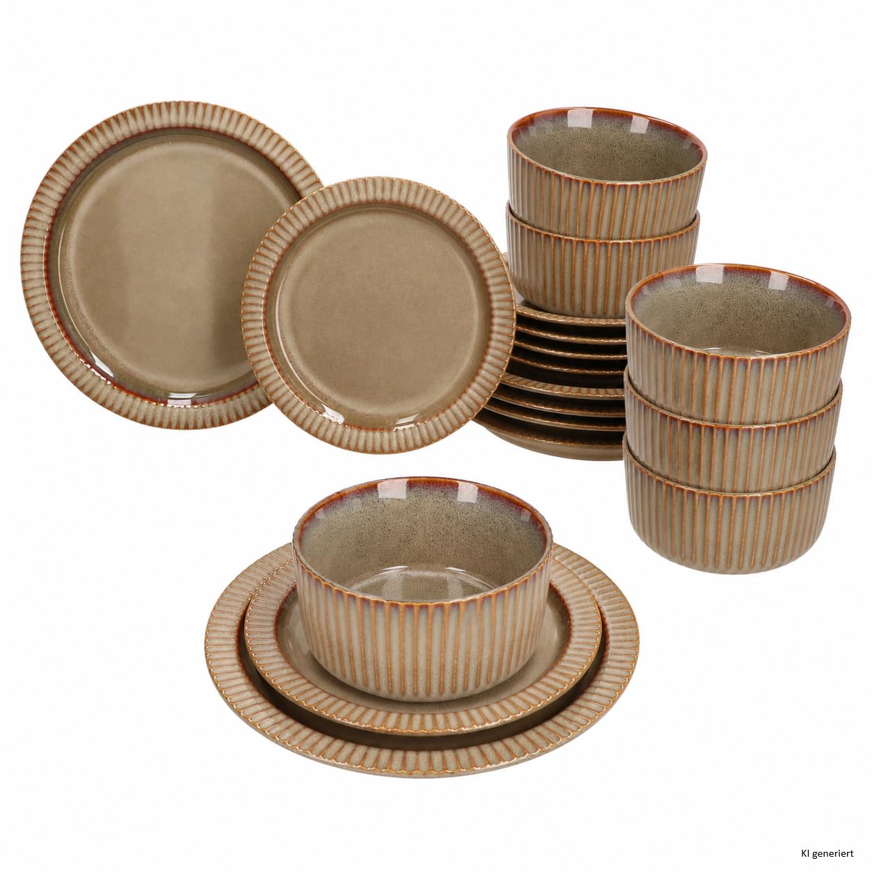 MamboCat Bistro Lot de 18 assiettes I 6 personnes I Service de table de dîner marron avec aspect rétro I 6 assiettes plates, bols à bol et assiettes à gâteau I Faïence