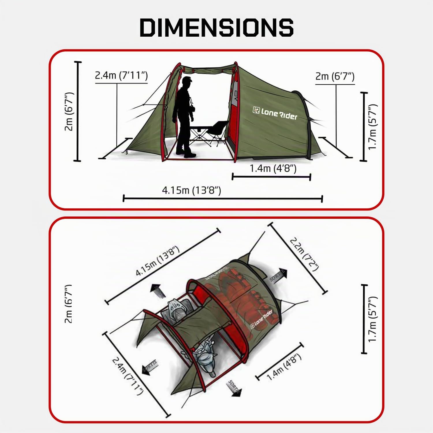 Lone Rider Tente Moto Camping 2 Personnes - Imperméable, Garage | MotoTent 100% imperméable avec garage moto séparé. Sac de transport, tapis de sol & 18 sardines inclus. Montage rapide.