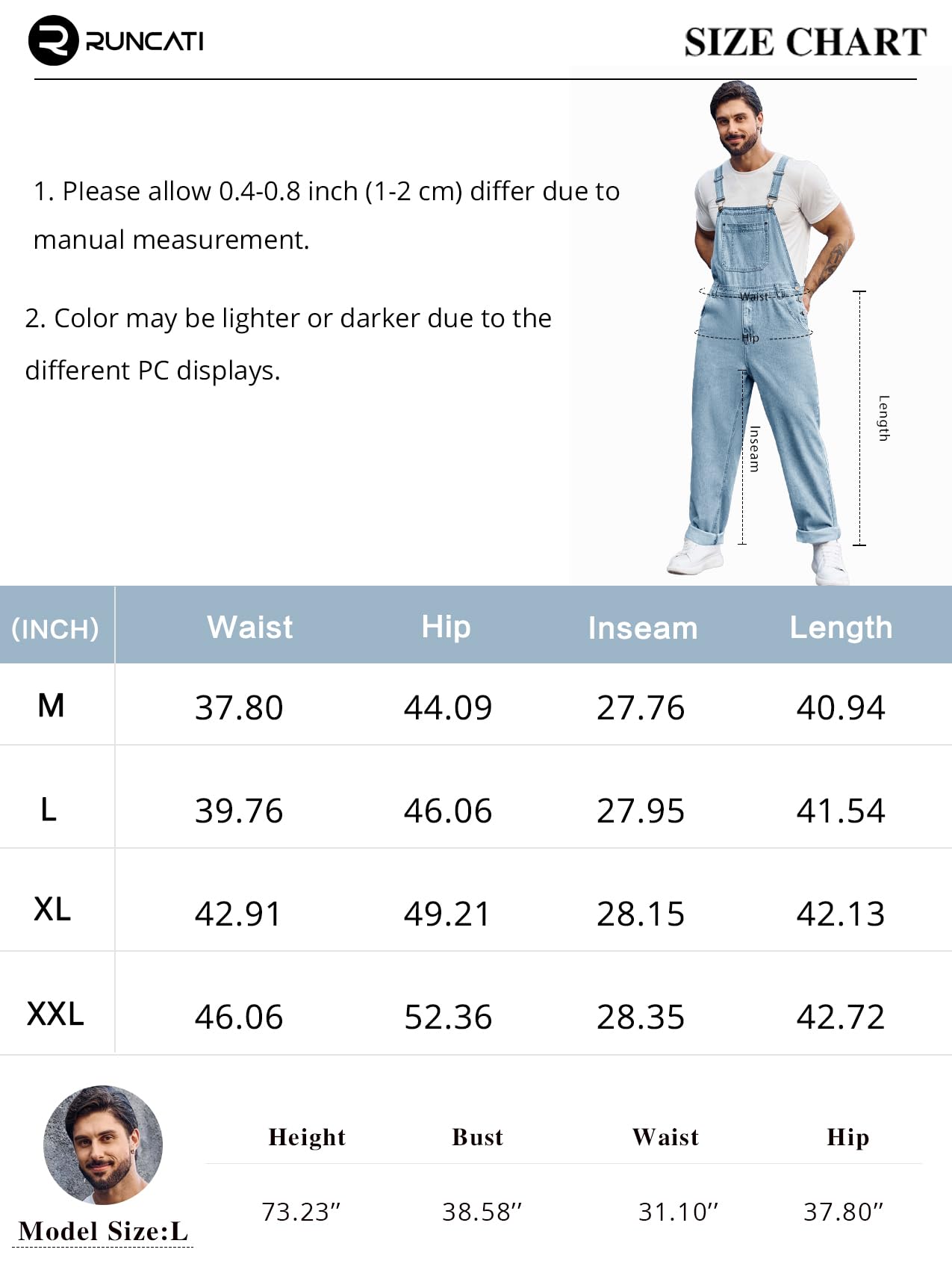 Runcati Herren Denim Latzoverall Jeans Strampler Hose Verstellbarer Riemen Arbeitskleidung Slim Fit Jumpsuit