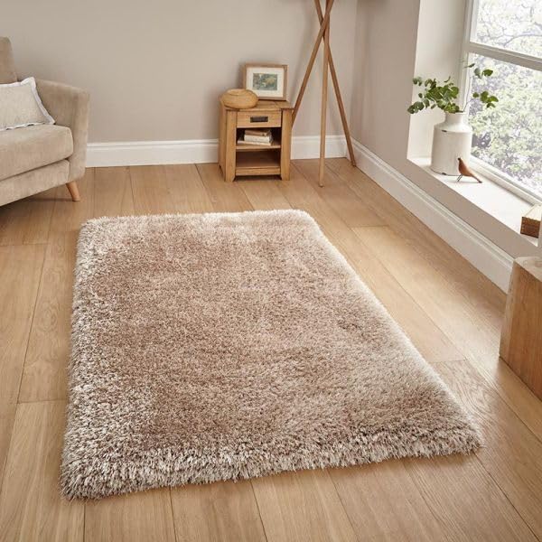 Image of AROMICK Modern Polyester Anti Slip Shaggy Fluffy Rug and Carpet for Living Room, Bedroom & Dining Room (3 x 5 Feet, Beige)