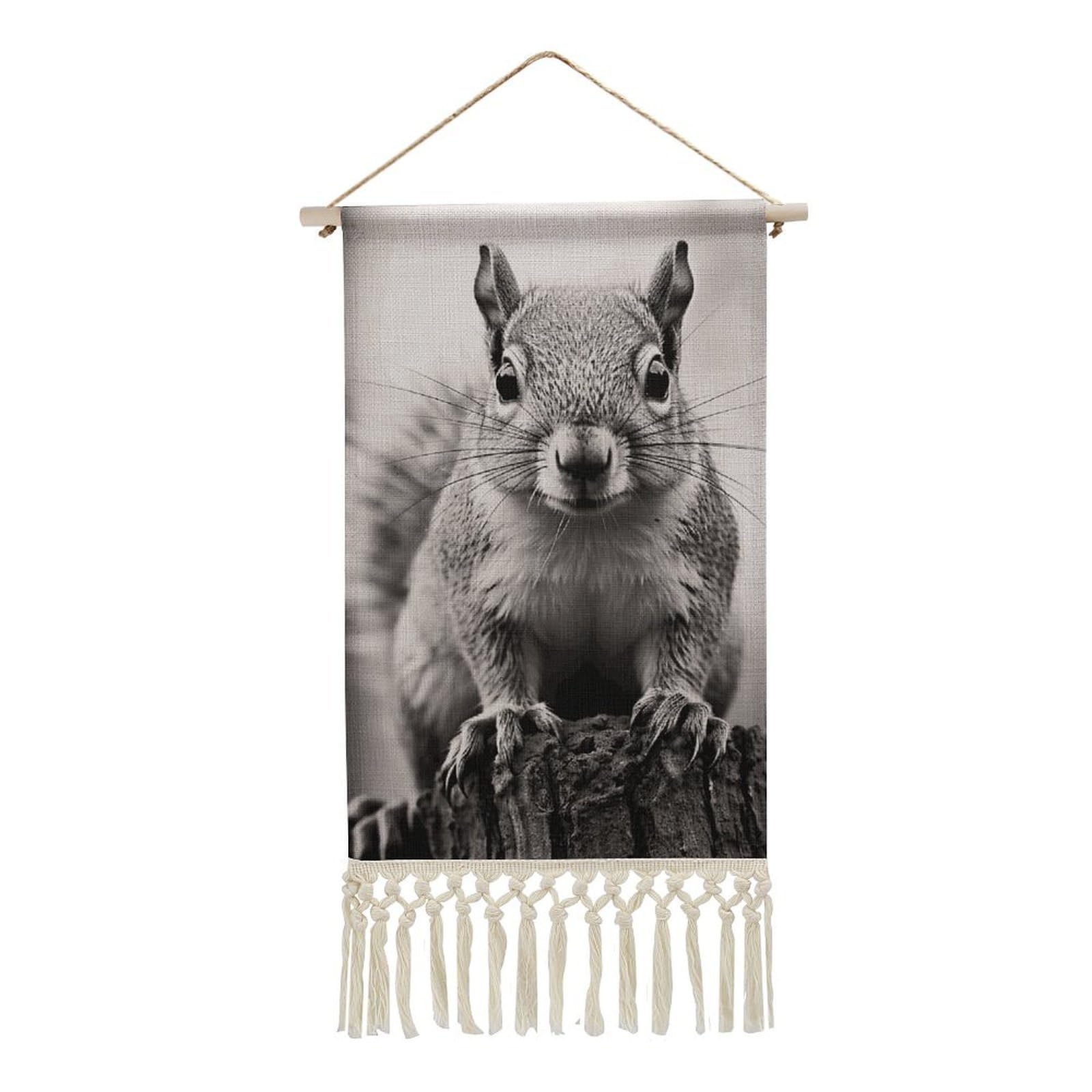 BTCOWZRV Cotton And Linen Hanging Poster with Tassels, Light Gray Squirrel Wall Hanging Tapestry Vintage Wall Art Painting Modern Artwork Decoration for Home Decor Ready to Hang 10x19.6 in