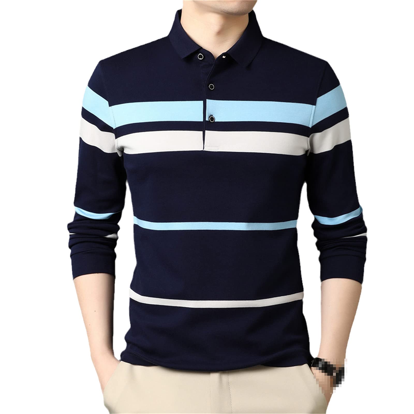 Frühling Herbst Business Casual Mode Streifen Langarm Reine Baumwolle Poloshirt Herren Kleidung Tees, marineblau, M