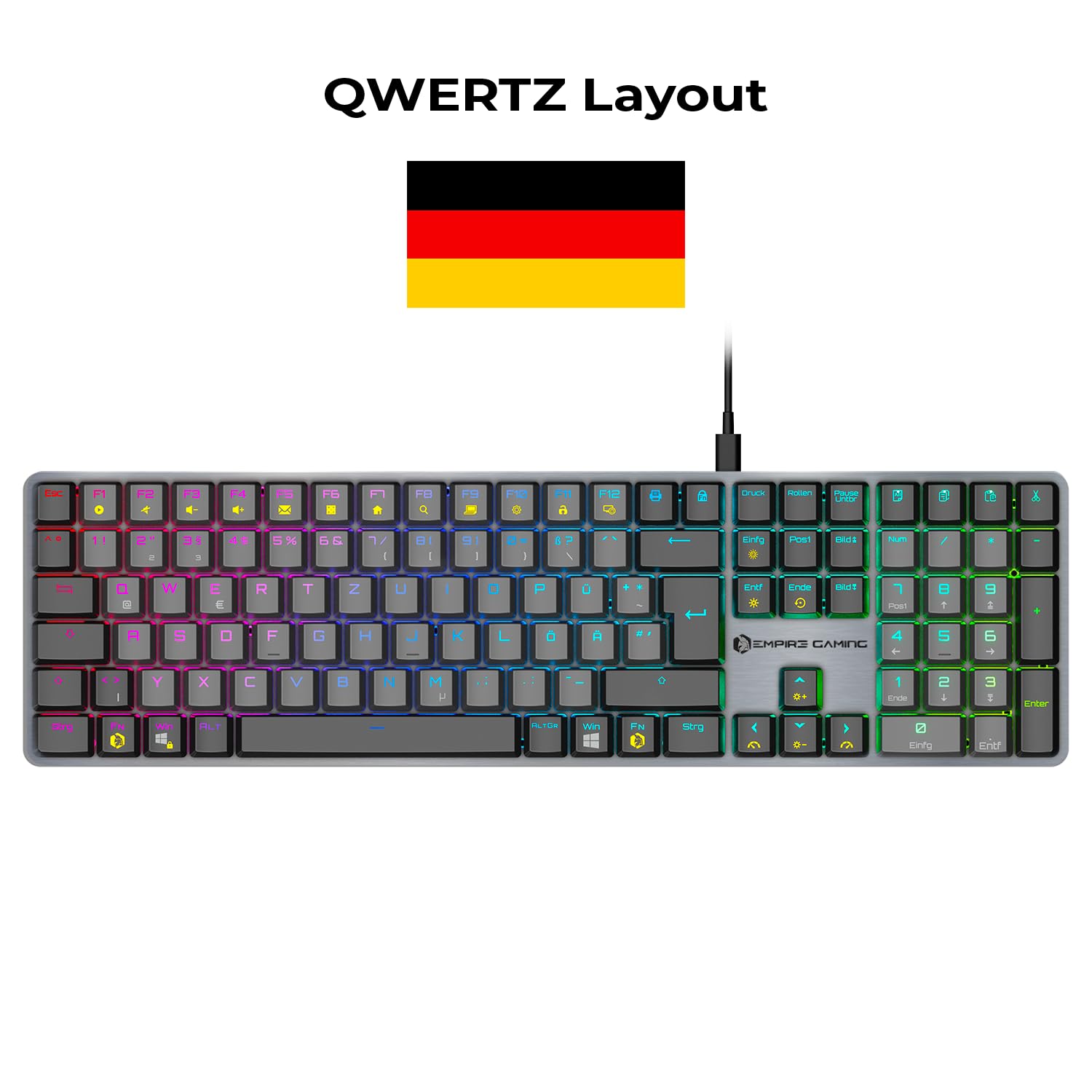 Empire Gaming K243 Mechaniczna klawiatura przewodowa układ DE (Qwertz), 111 klawiszy, odłączane USB-C, przełączniki MX Red, podświetlenie RGB z 24 efektami, funkcja Anti-Ghosting NKRO, do PC i konsoli