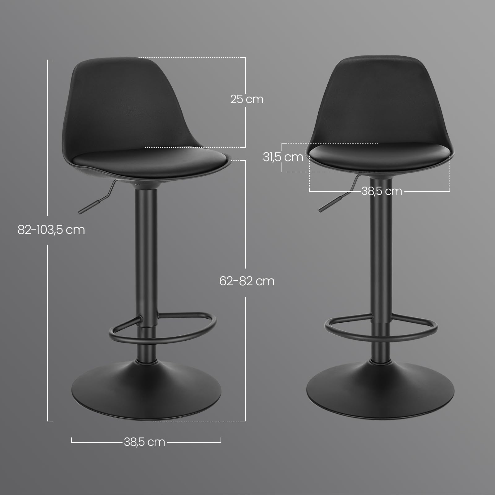 EUGAD Barhocker 2er Set, für Bar Küchen & Esszimmer, 360° drehbarer höhenverstellbar, Barstuhl mit Rückenlehne Fußstütze, aus PU, Schwarz