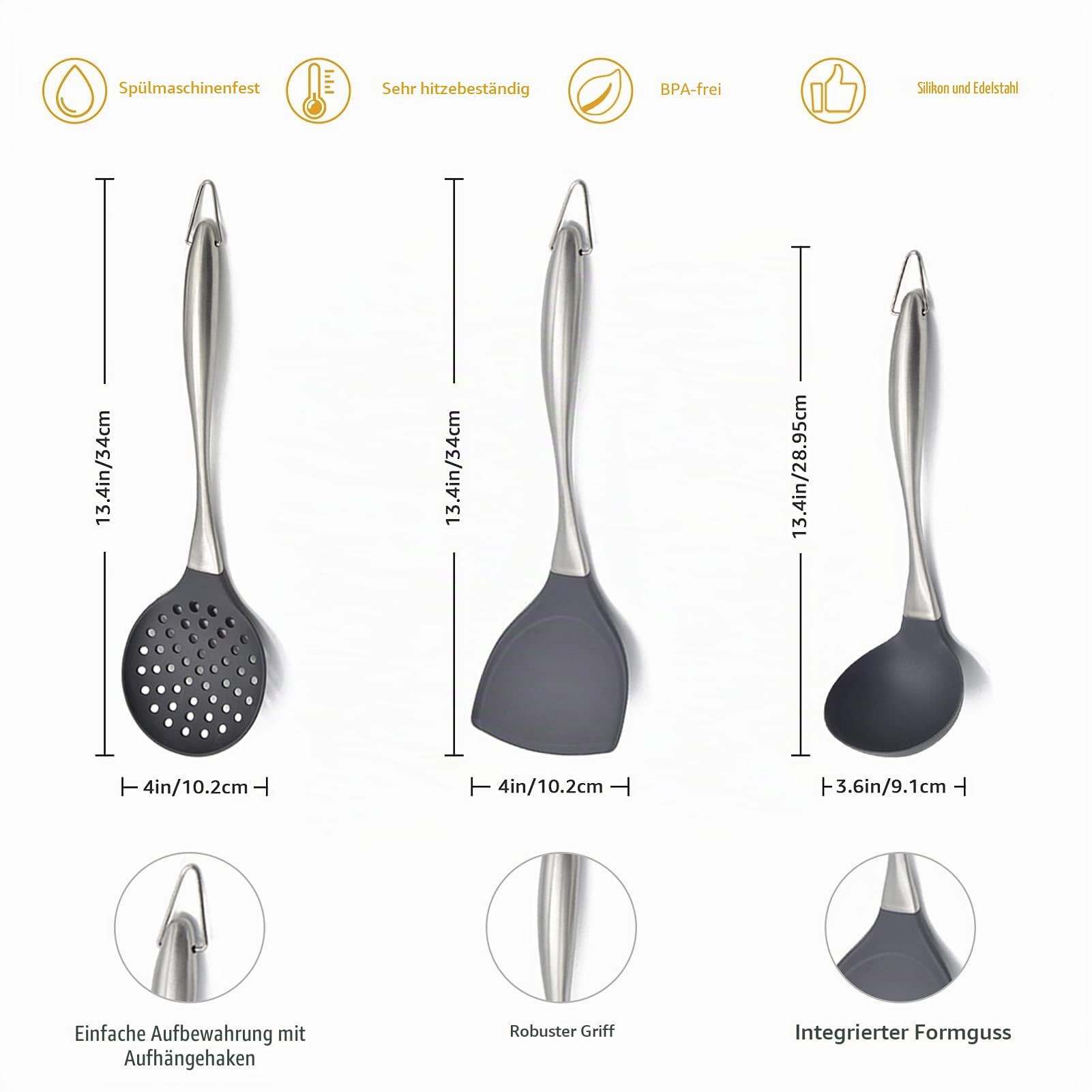 Wok-Pfannenwender und Schöpflöffel, Wok Zubehör, Küchenhelfer-Set, 34 cm Pfannenwender für Wok, Chinesisches Wok-Utensilien-Set, Edelstahl 304 (Grau)
