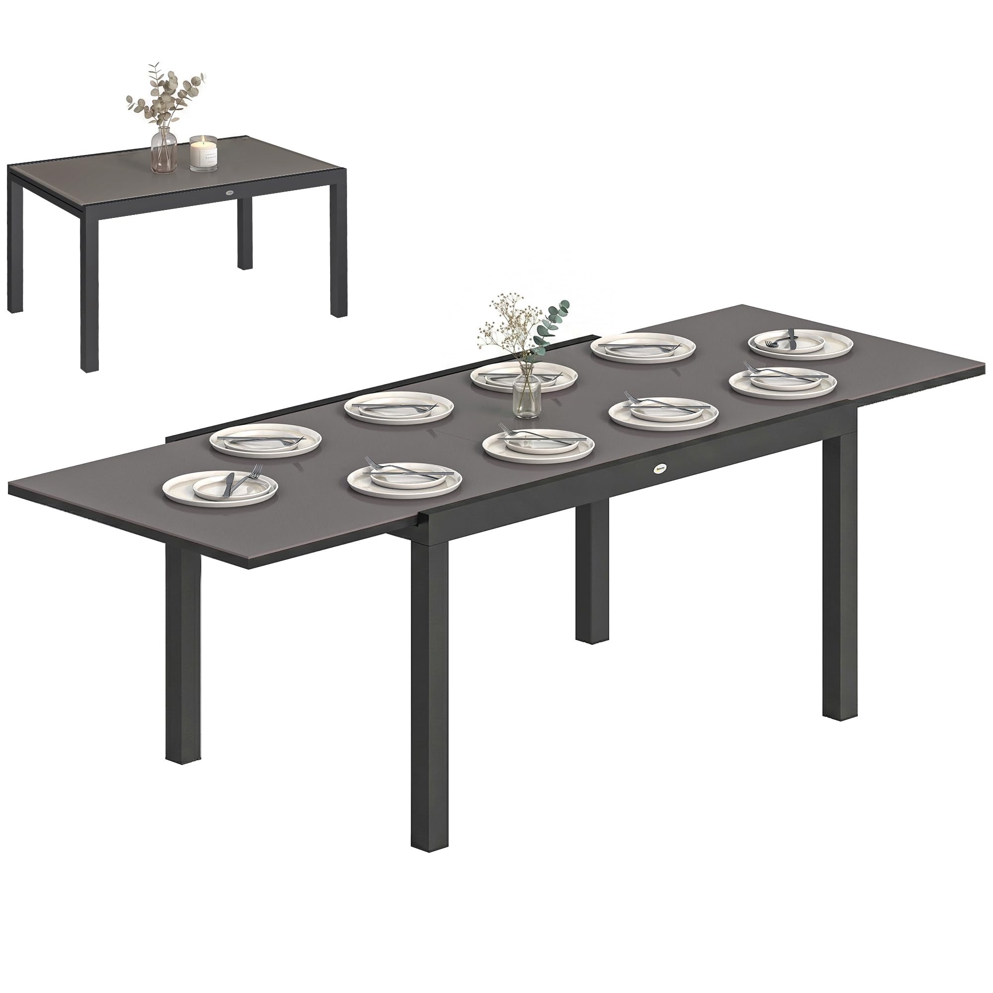 Outsunny Tavolo da Giardino Allungabile per 8-10 Persone 140/240x90 cm, Tavolo da Pranzo Estensibile Rettangolare con Piano in Vetro Temperato, Tavolo da Esterno per Patio Terrazzo Balcone, Nero