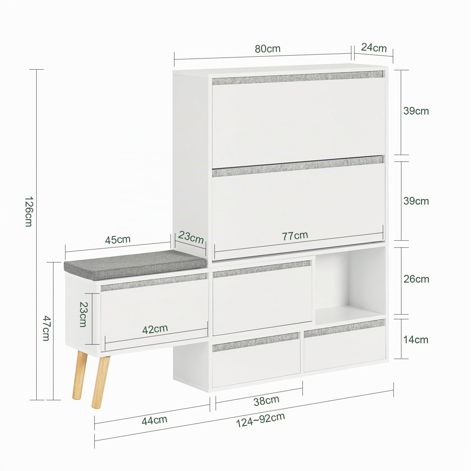 SoBuy Scarpiera con 1 panca portaoggetti rimovibile su piedini, armadio d'ingresso con 2 ante 2 cassetti e cuscino per seduta - (124-92) x 24 x 126 cm, FSR134-W