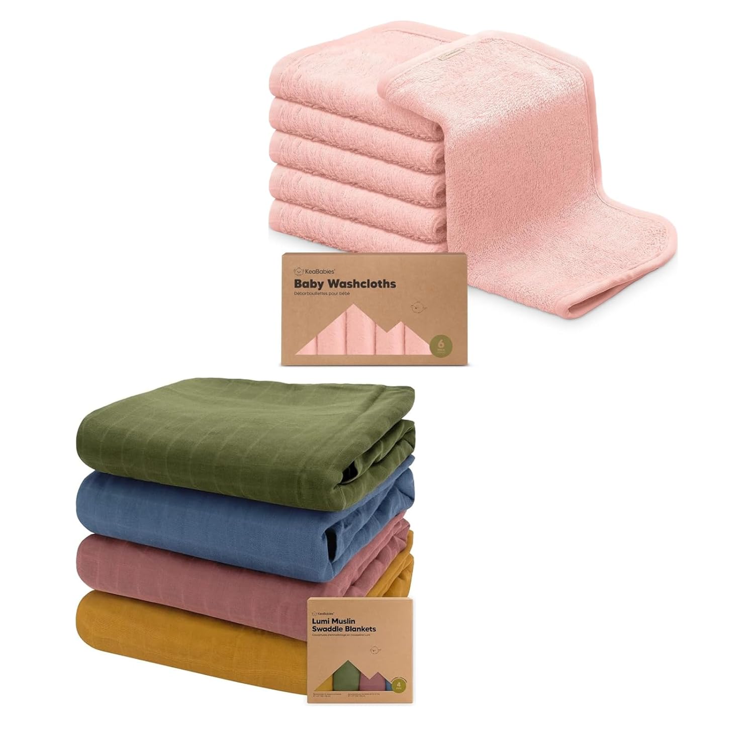 KeaBabies Baby Washcloths for Newborn, Kids and 4-Pack Muslin Swaddle Blankets for Baby Boys, Girls - Bath Baby Towels, Face Towel, Face Cloths - Baby Blankets