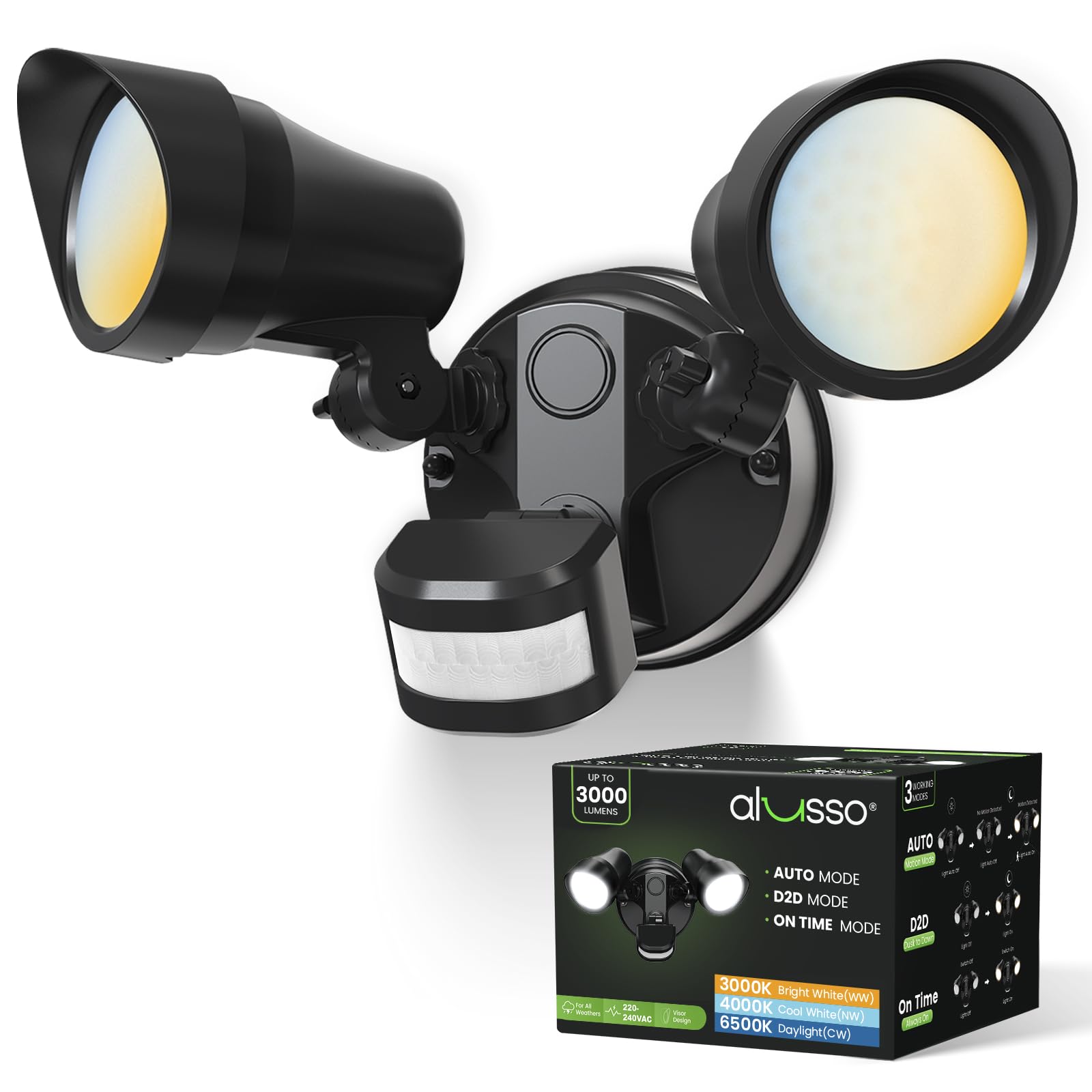 ALUSSO Security Lights Outdoor Motion Sensor, 30W 3000LM Motion Sensor Lights Outdoor 230V, 3 Modes (Dusk to Dawn/Auto/On Time), 3CCT 3000K/4000K/6500K IP65 Waterproof Hardwired Wall Light Black 1PC