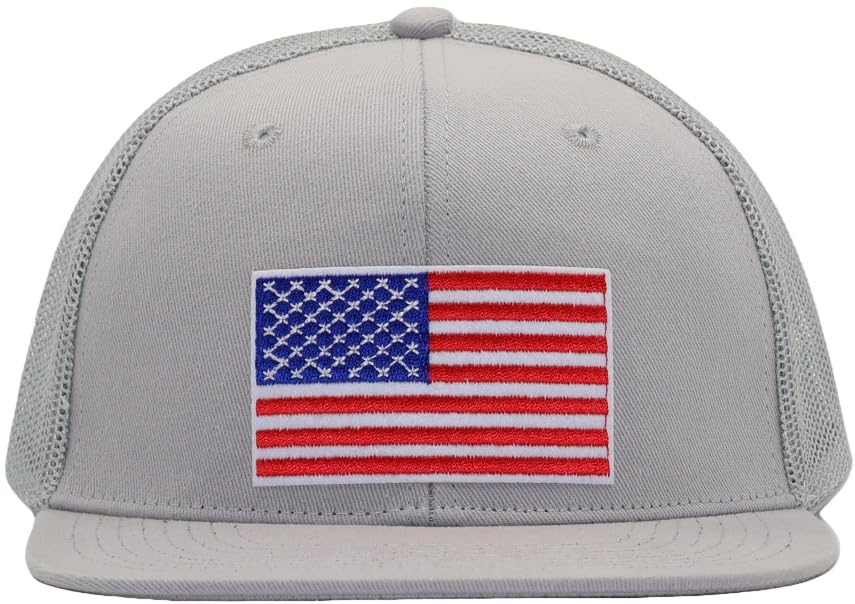 Image of Men Flat Bill USA Flag Mesh Hat Fits OSFM&XXL Head | Snapback Trucker Cap | 250th US Anniversary Veterans Memorial Day Gifts