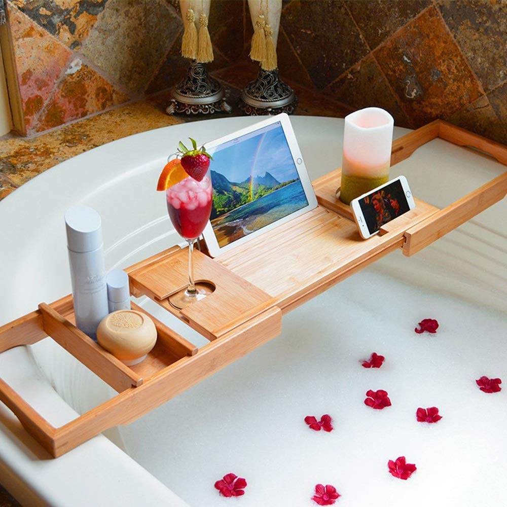 Estante para bañera, bandeja de bambú multifuncional, retráctil, soporte grande para teléfono, disfruta de tu tiempo de baño (75 x 23 x 4,5 cm, color bambú)