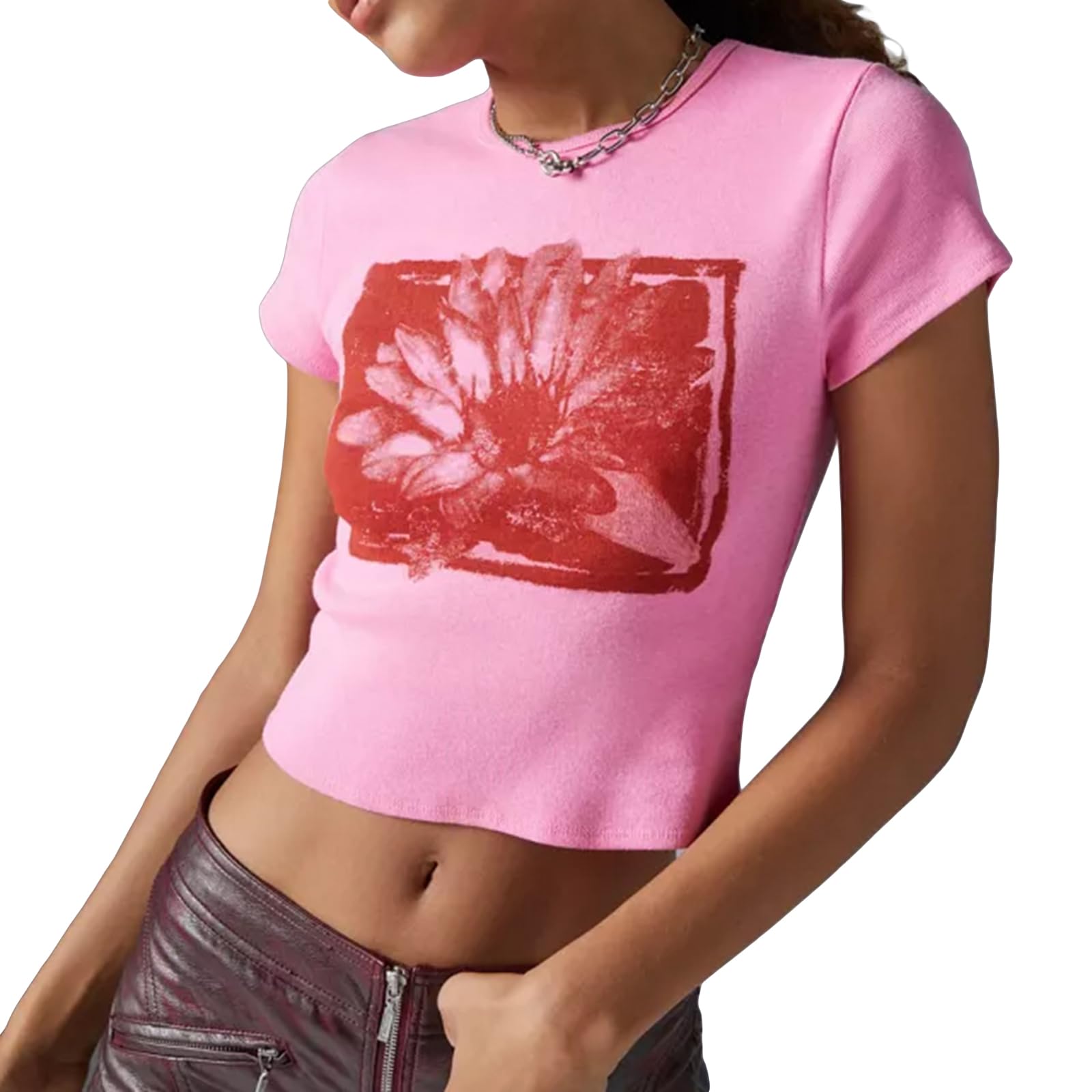 Graphic Baby Tees for Women Teenagers Y2k Flower Print Crop Tops Vintage 90s Aesthetic Grunge Tees Summer Shirts