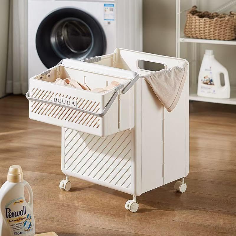 New 2 in 1 Wheeled Laundry Basket with Hanging Basket，Folding Dirty Clothes Hamper Clothes Storage Basket, Laundry Bin Storage Basket for Bedroom, Laundry Room (white)