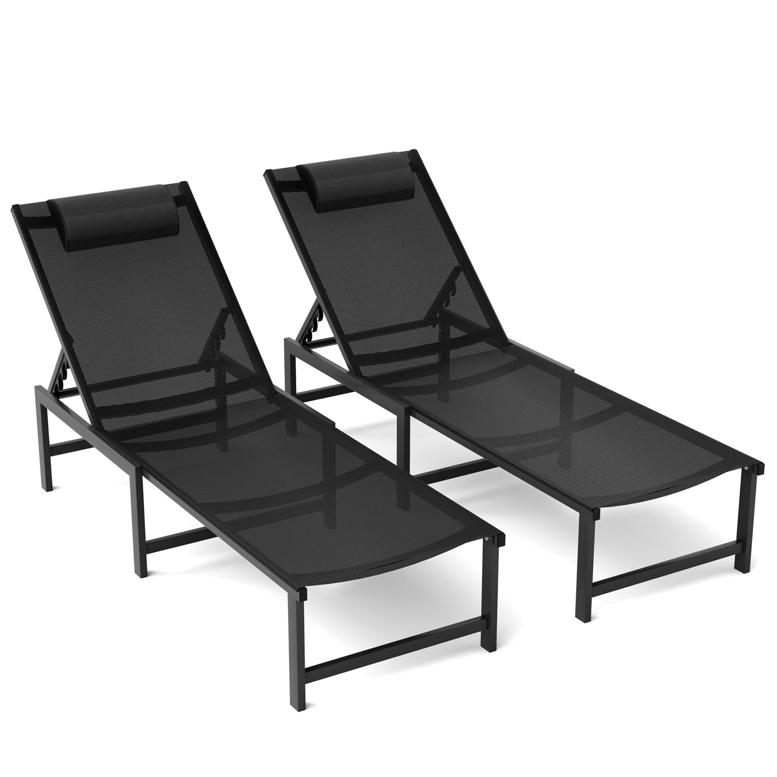 Chaise Lounge Chair Outdoor,Aluminum Patio Lounge Chairs Set of 2,  Adjustable 5-Position Recliner and Full Flat Tanning Chair with Pillow for  Pool