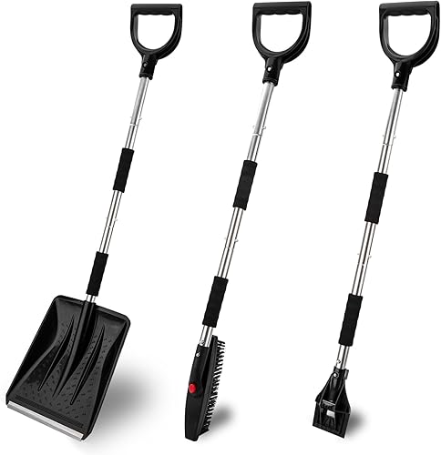 LESOLEIL Kit de pala de nieve, pala de nieve 3 en 1 con raspador de hielo y cepillo de nieve, kit portátil de eliminación de nieve de acero