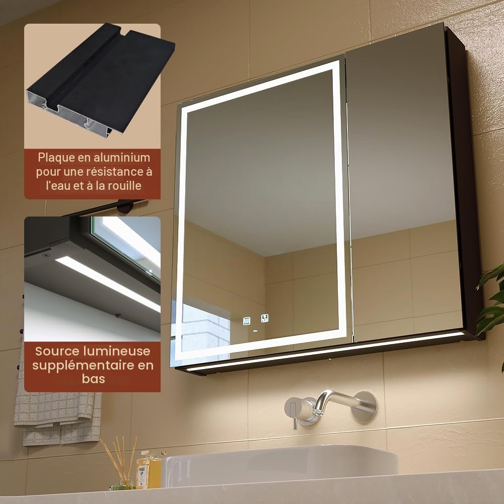 KWW LED éclairage Salle de Bains Armoire à Pharmacie avec Miroir, Température de Couleur réGlable, Anti - Buée, Prise et USB, Armoire à Pharmacie (Luminescence intérieure-2 portes-75×70)