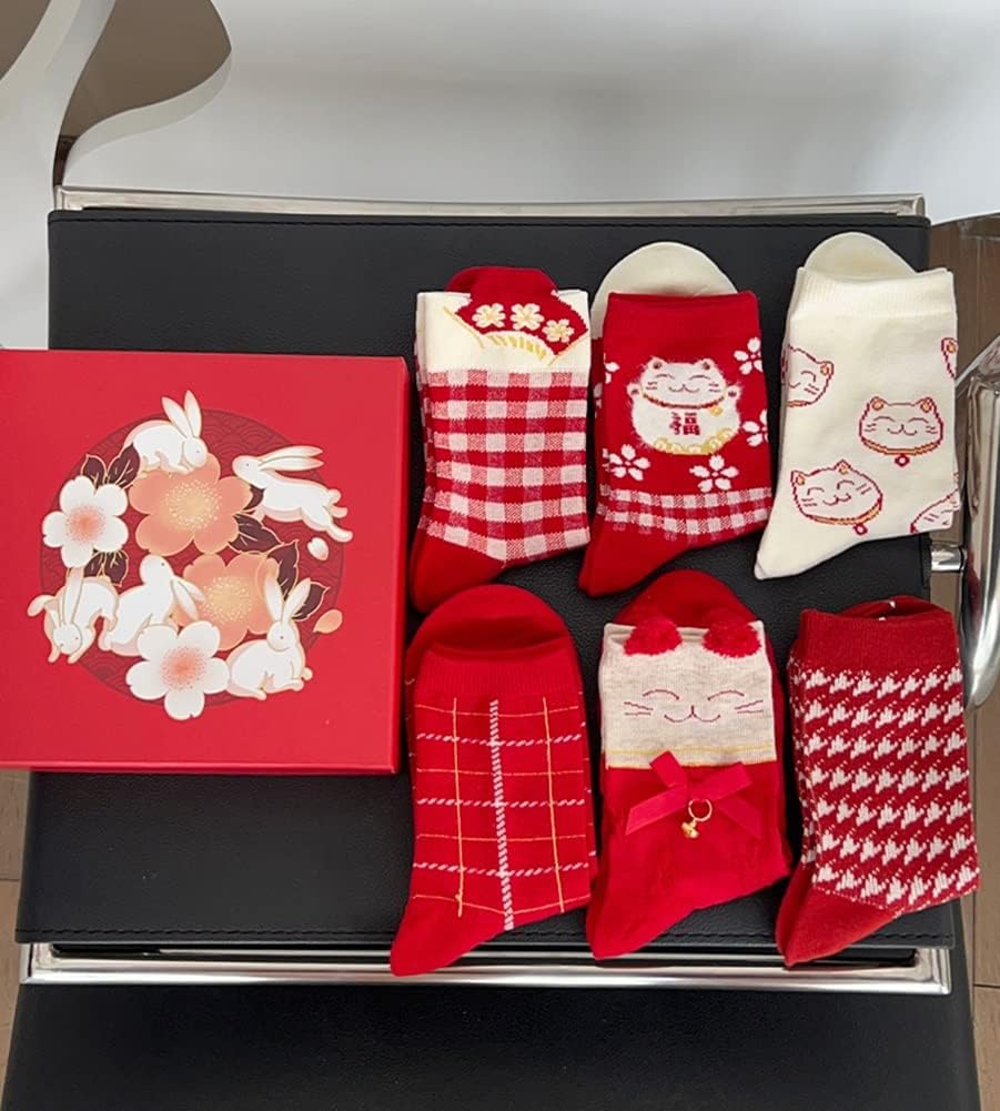 New Year's Red Lucky Socks, Rabbit Embroidered Chinese Zodiac Girl Socks, Chinese Lunar New Year Best Gift, 6 Pairs