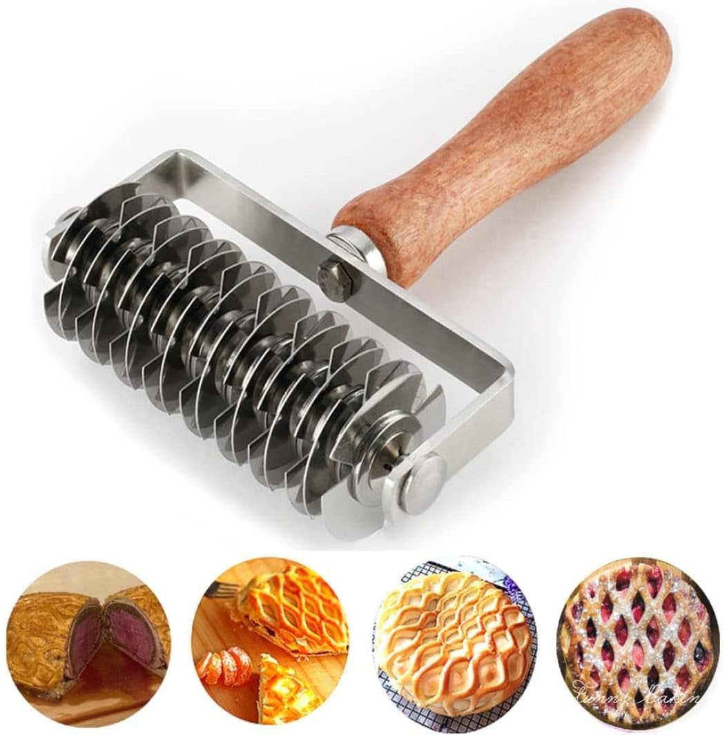 Xdyyjrasa Pastry Cutter - Stainless Steel Pizza Dough Roller with Wood Handle, for Lattice Tops Pies Bread Cookies Fishnet Crusts