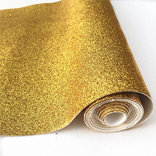 ZAIONE 8” x 53” (21cm x 135cm) Roll Sparkly Superfine Glitter Vinyl Fabric Fine Glitter PU Leather Canvas Back Material for Shoes Bag Sewing Patchwork DIY Bow Craft Applique（Gold）